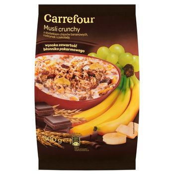 Carrefour Musli crunchy z dodatkiem chipsów bananowych rodzynek i czekolady 300 g