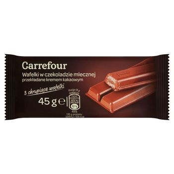 Carrefour Wafelki w czekoladzie mlecznej przekładane kremem kakaowym 45 g (3 sztuki)