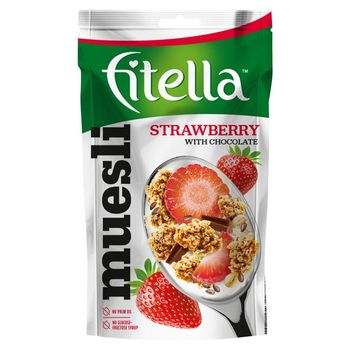 Fitella Musli chrupkie truskawkowe z siemieniem lnianym i kawałkami czekolady 50 g