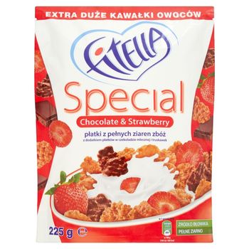 Fitella Special Płatki z pełnych ziaren zbóż z dodatkiem płatków w czekoladzie i truskawek 225 g