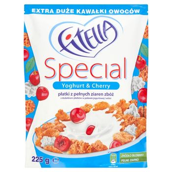 Fitella Special Płatki z pełnych ziaren zbóż z dodatkiem płatków w polewie jogurtowej i wiśni 225 g