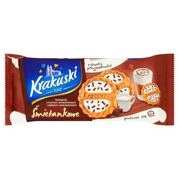 Krakuski Śmietankowe Herbatniki z kremem śmietankowym i płatkami czekoladowymi 160 g