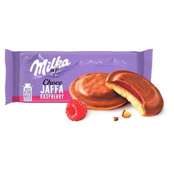 Milka Choco Jaffa Raspberry, biszkopty z galaretką o smaku malinowym z mleczną czekoladą - 147 g