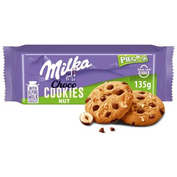 Milka Pieguski Choco Cookies Nut Ciasteczka z kawałkami czekolady mlecznej i orzechami 135 g